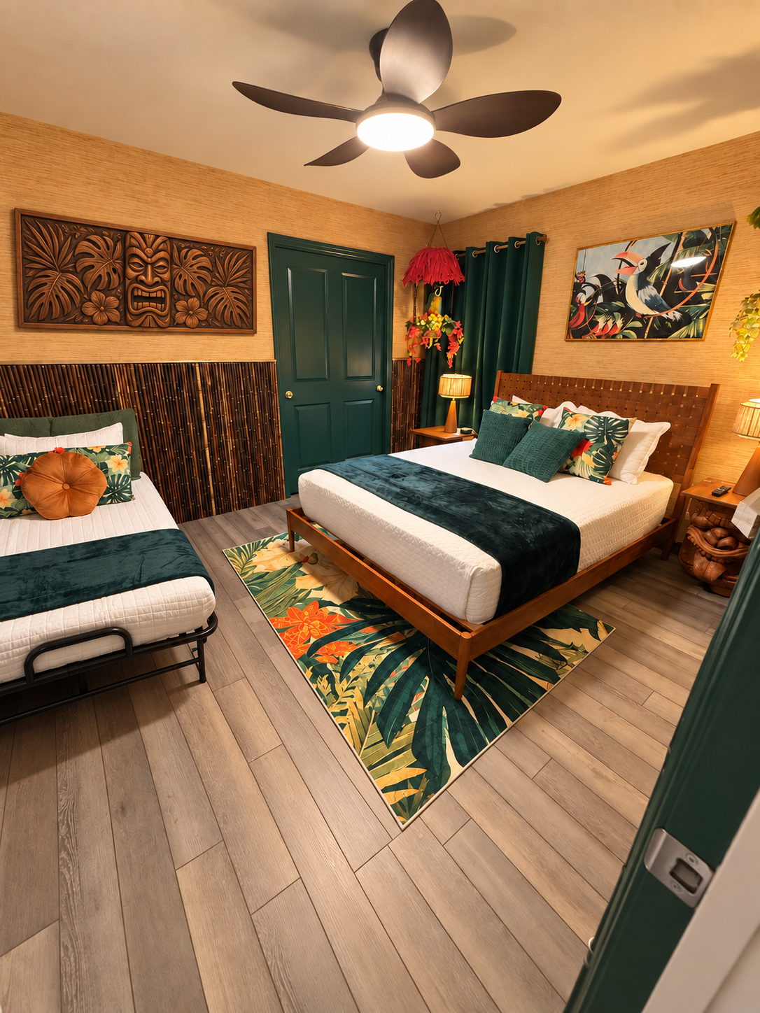 Queen bed with optional rollaway twin bed.