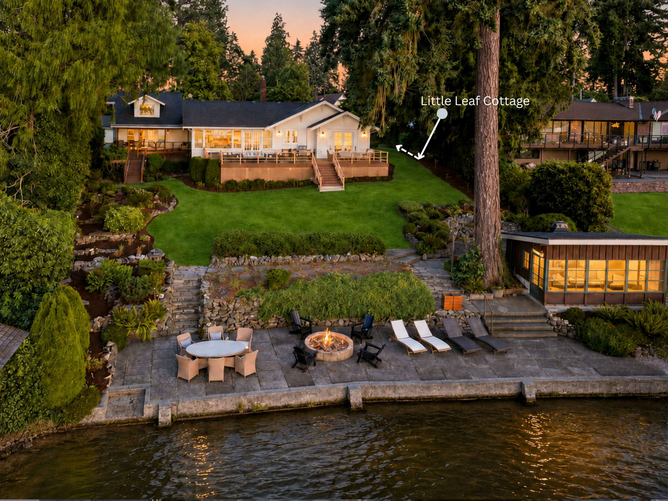 Little Leaf is tucked beneath the trees on our nearly one-acre lakefront property. With expansive lawns, 100 feet of waterfront and multiple places to lounge, gather or simply be alone, there’s plenty of room for everyone to find their own favorite spot.