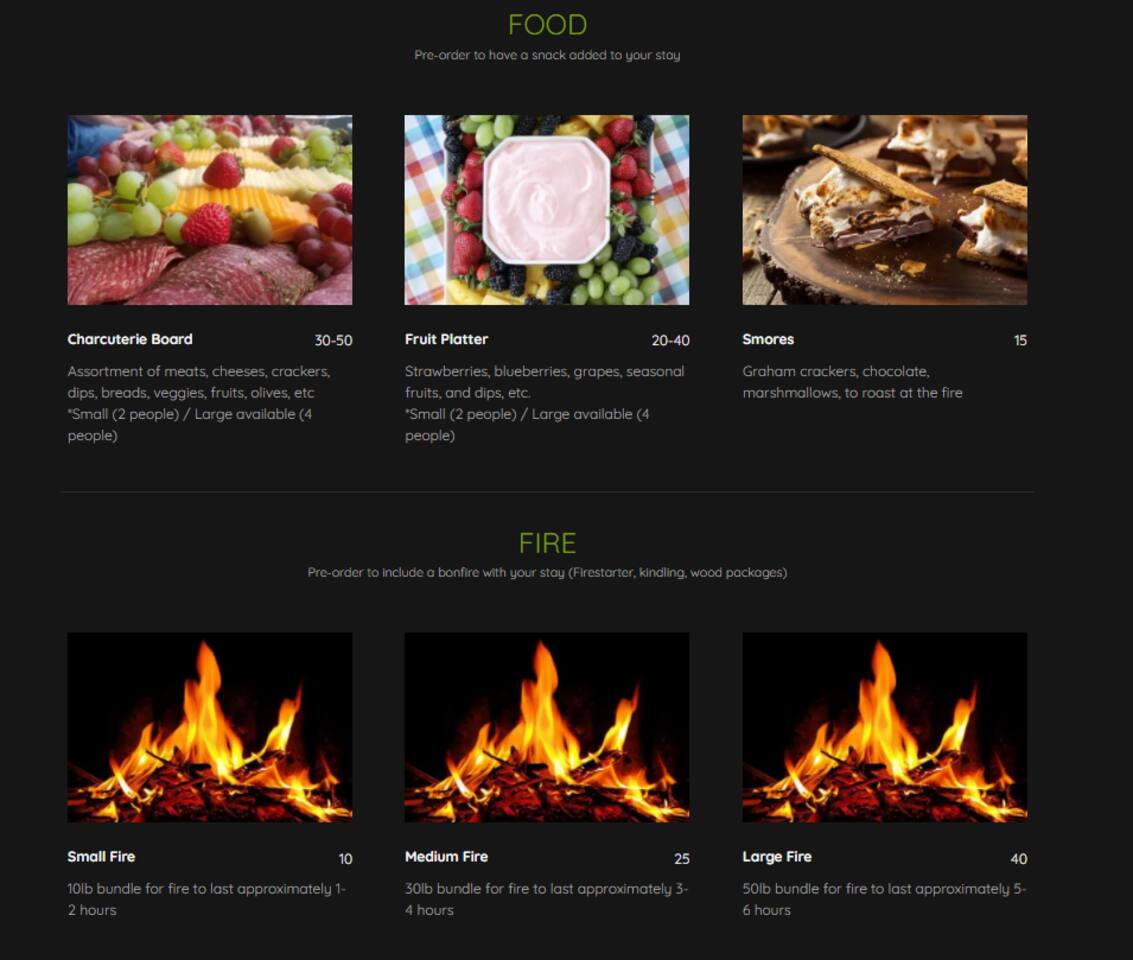 HUNGRY? HAVE SOMETHING TASTY WHEN YOU ARRIVE OR MAKE A FIRE AND MAKE YOUR OWN TASTY TREAT. FOOD, SNACKS, TREATS AND FIREWOOD ARE HERE IF YOU NEED IT.