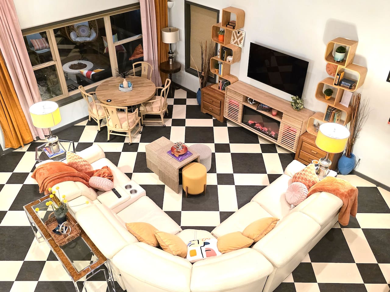 Leather sectional with electric recliners, game table, smart TV and electric fireplace.  Games and karaoke provided.