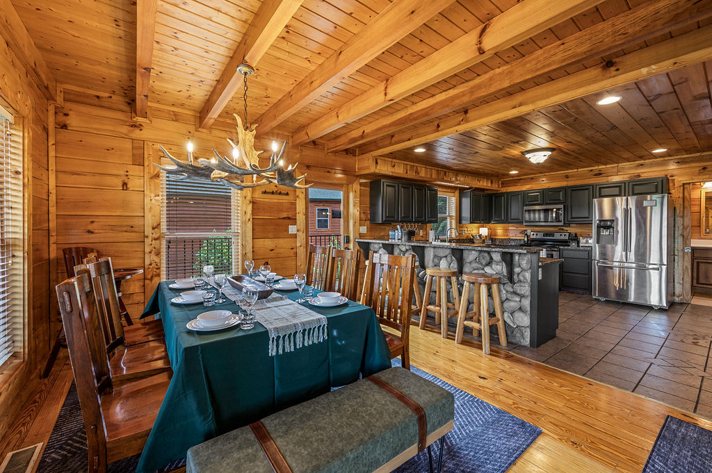 Dining table in a cozy, inviting space. Pperfect for family gatherings