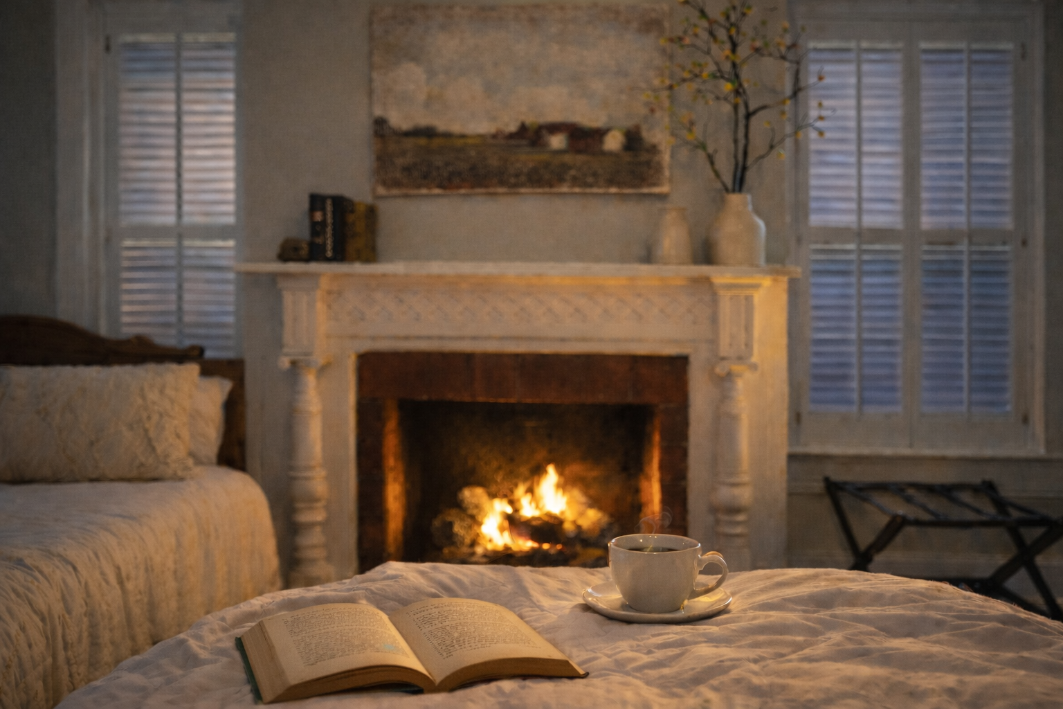Curl up in a warm, cozy bed with a book by firelight!