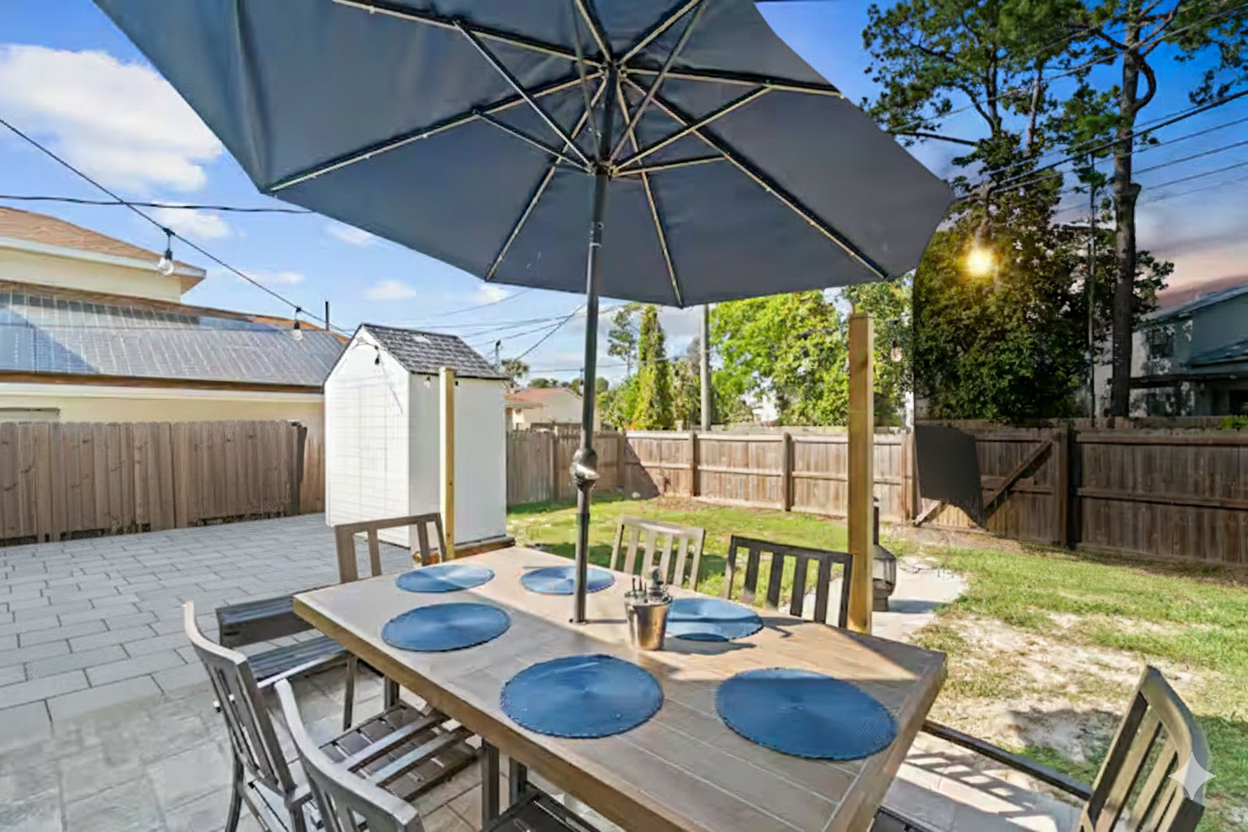 Backyard with covered dining table