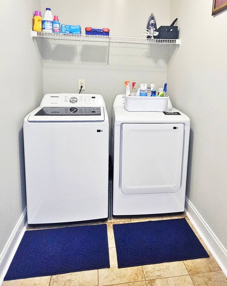 Brand new washer and dryer. You will find an ironing board, iron, and hair dryer here.  Complimentary starter laundry and cleaning supplies are provided. 