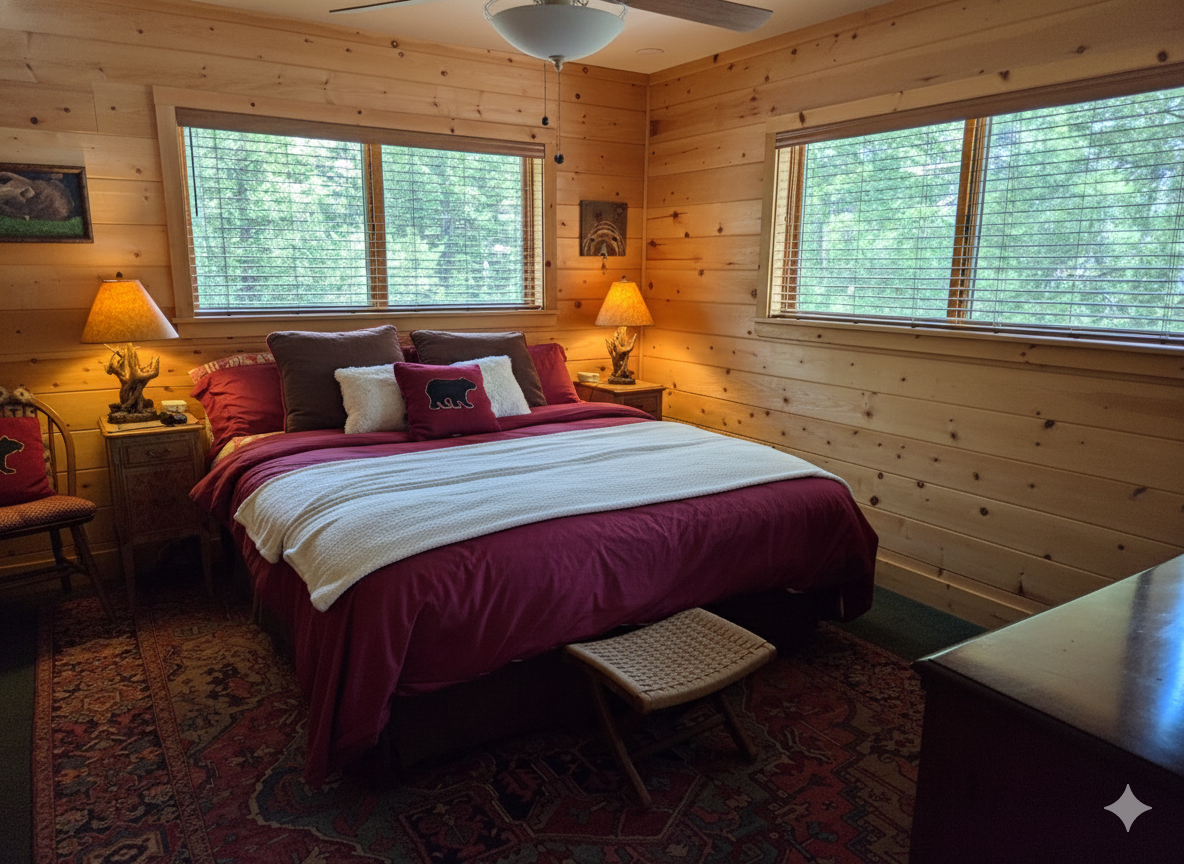 The second bedroom downstairs has a king size bed, two night stands with lamps, a tv, a dresser, a closet and an ensuite bathroom with shower, toilet, sink and storage.