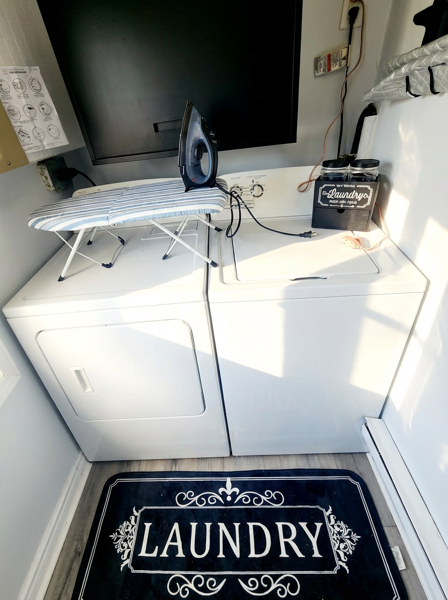 Laundry area, with iron and laundry supplies