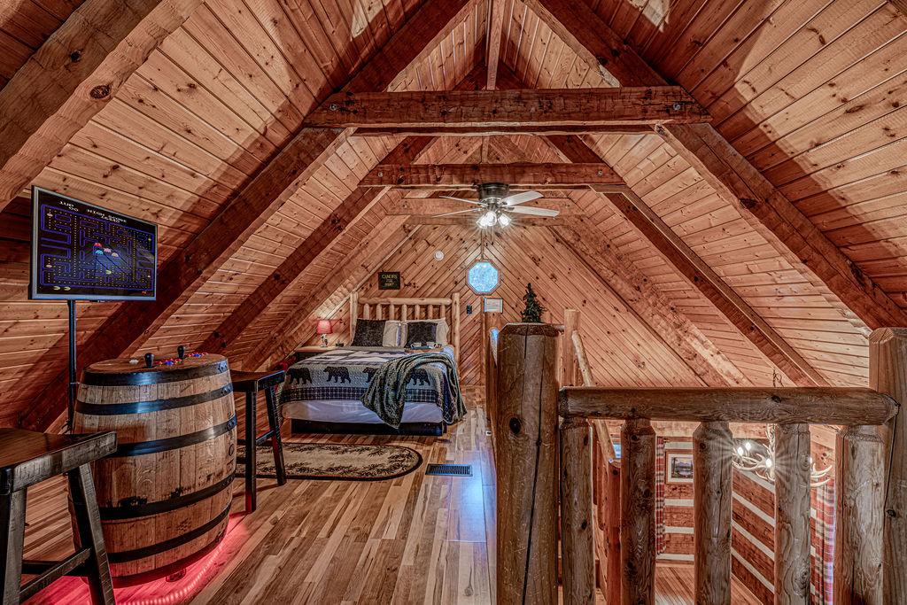 Open loft with barrel bar and lounge seating