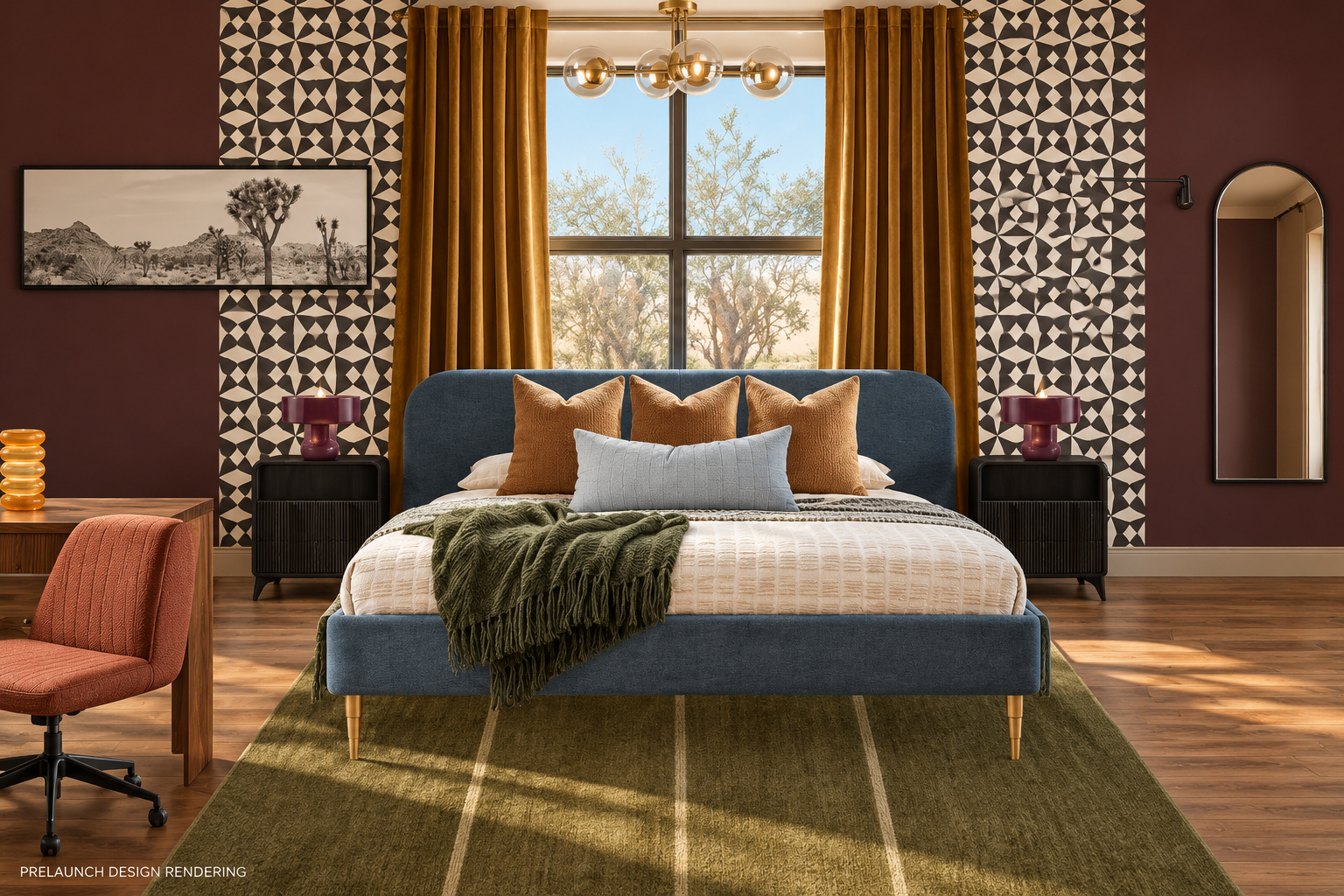{Bedroom 3} Sleep in, sip your coffee, and take your time getting ready for Old Town. A plush King bed, golden curtains, and warm merlot walls make this Firebird bedroom a cozy place to recharge.