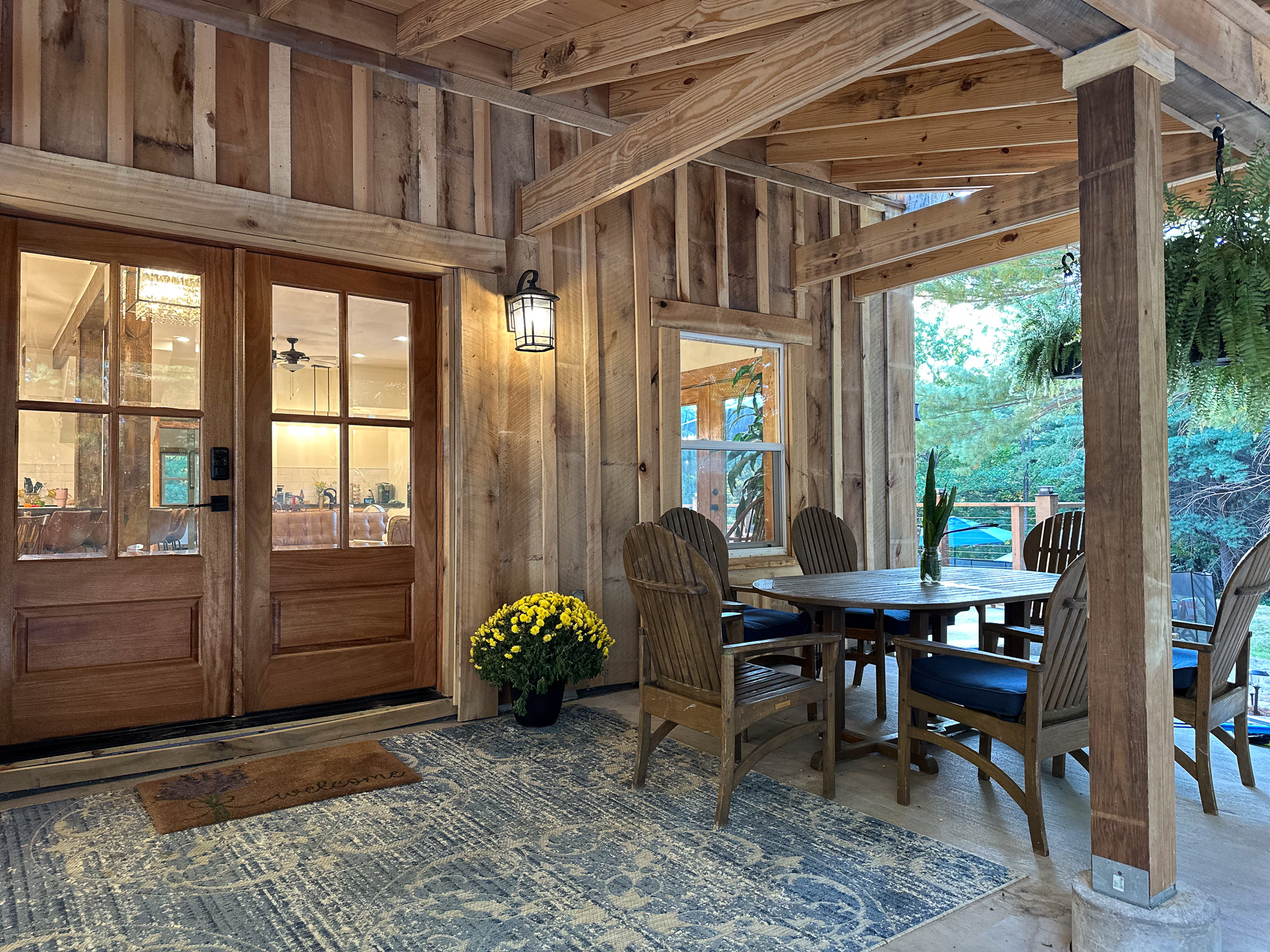 Oversized front porch with table seating for six, allows you to enjoy coffee or meals with friends while listening to the calm of the forest!  We have additional outdoor table seating for 10 on the patio overlooking the pool.