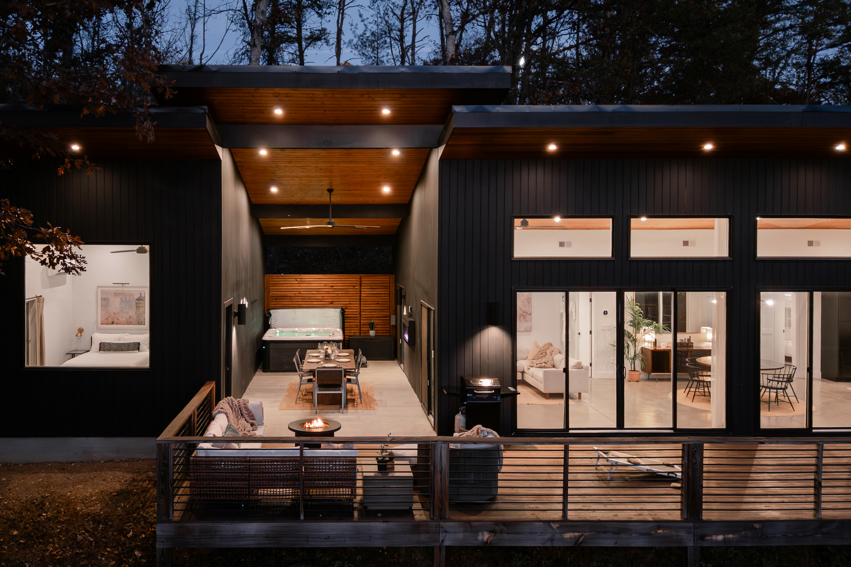 {Exterior - Glass House} Designed for connection—share meals, soak under the stars, and unwind as the forest surrounds you.