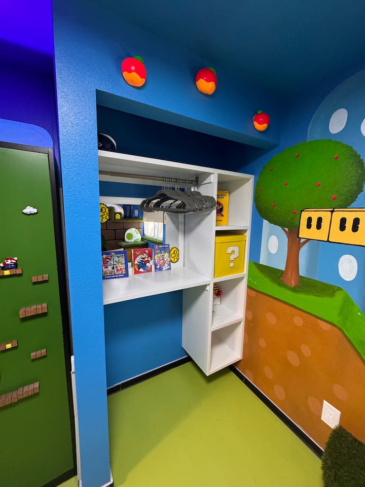 Clothing storage and other surprises in the Yoshi's fort bedroom. 