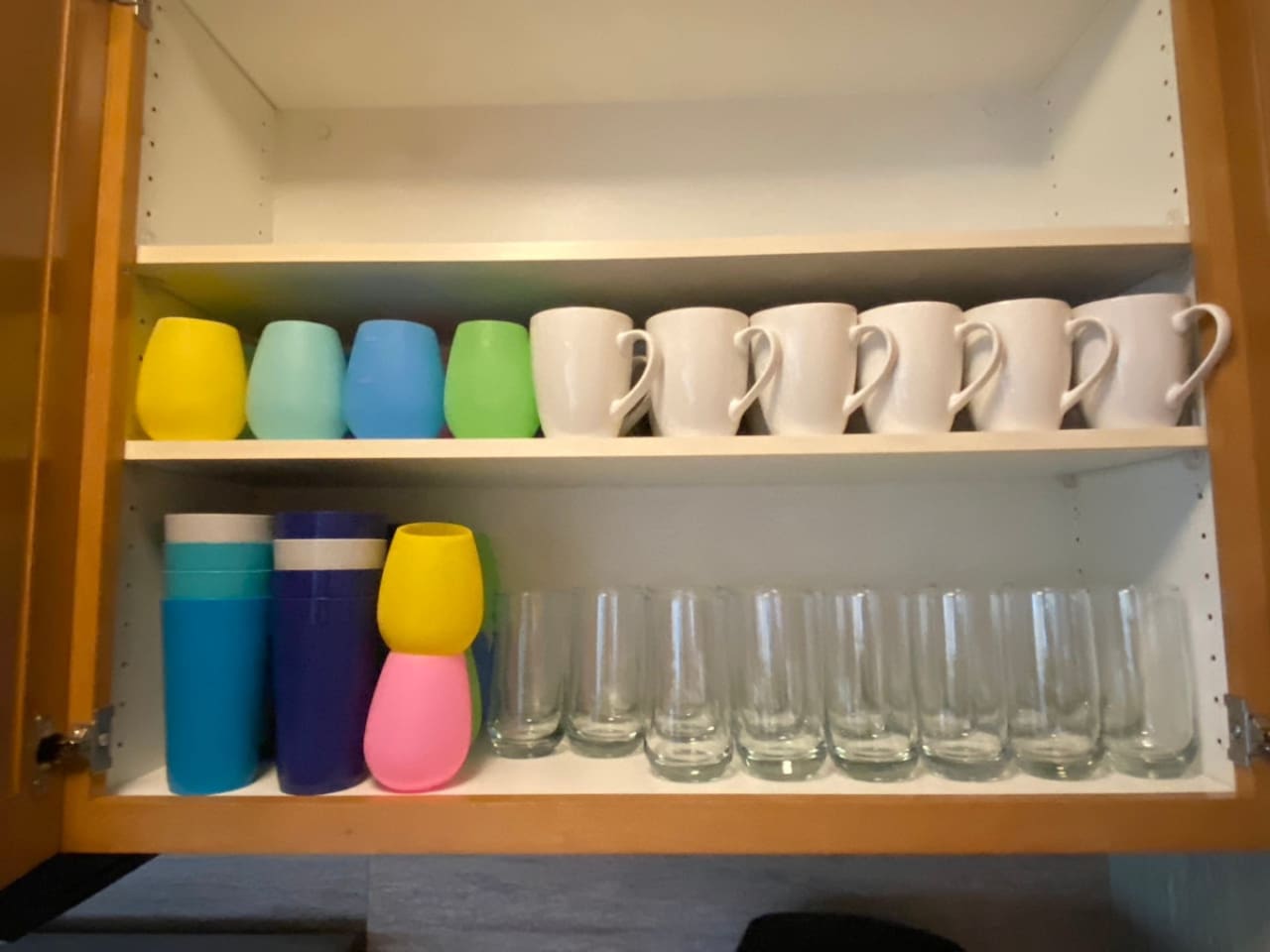 24 each of tall drinking glasses, mugs, outdoor tumblers, and outdoor wine glasses.