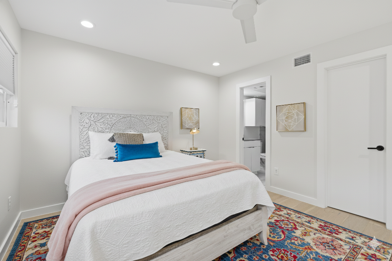 bedroom 1 with ensuite bathroom and queen bed, dresser, black out curtain