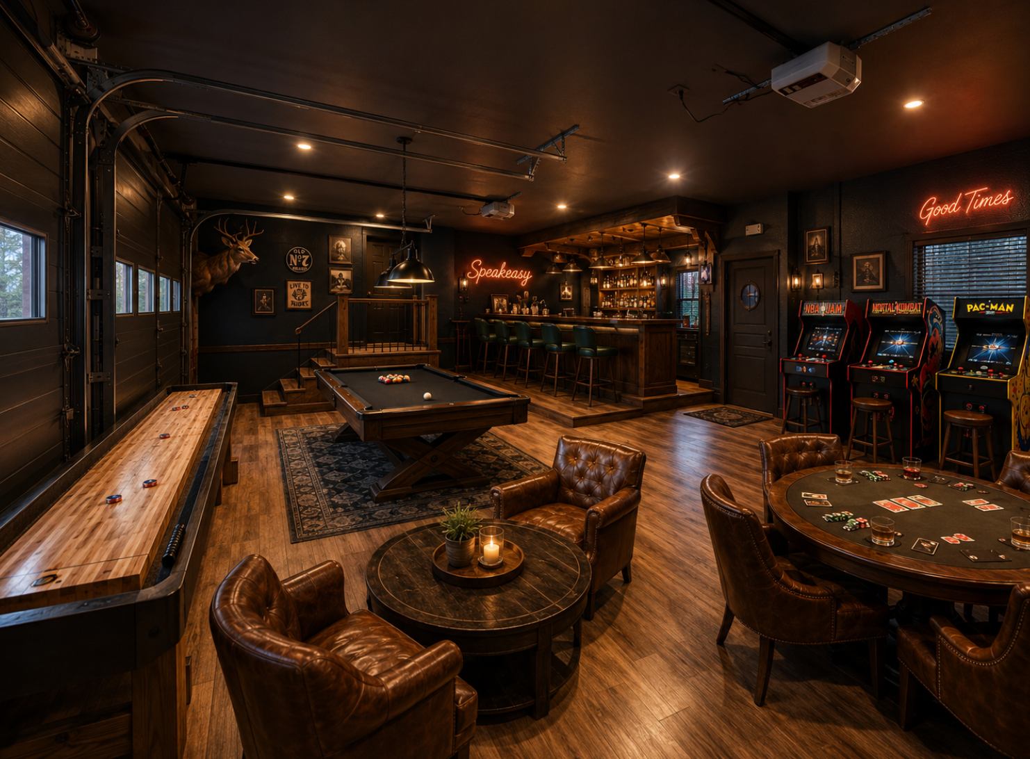 {Garage Game Room & Speakeasy} Challenge friends to shuffleboard, play arcade classics, gather around the poker table, or enjoy a drink at your own private speakeasy—the ultimate space for unforgettable nights together.