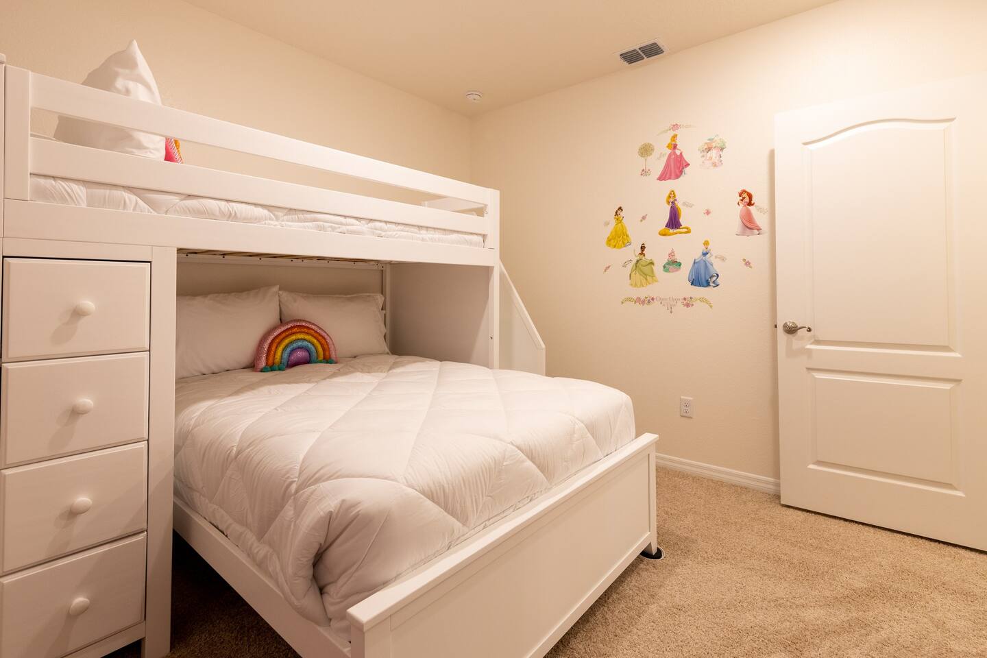 Upstairs Princess Themed Girl's Room with Twin Bunk Bed,  Lower Double Bed and Tea Party Table Set. Luggage rack & laundry basket in closet.