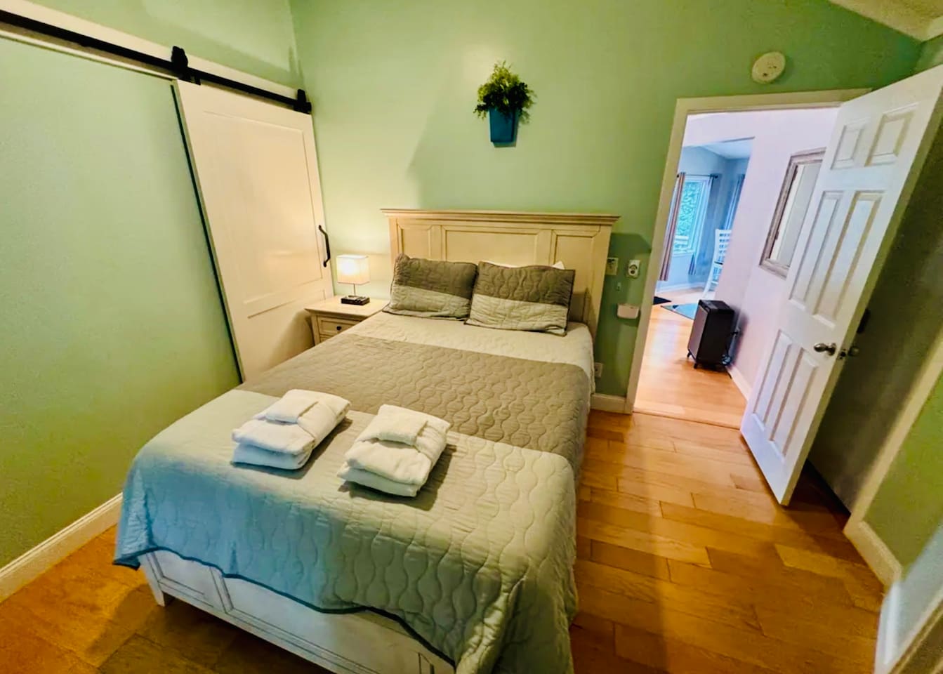 Bedroom with barn door to the bathroom