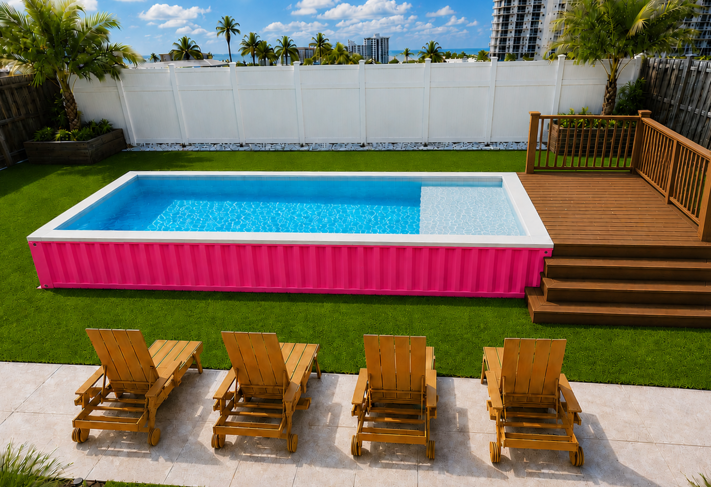 New backyard renovation with a private shipping container pool. Relax on the tanning ledge or take a refreshing dip. 