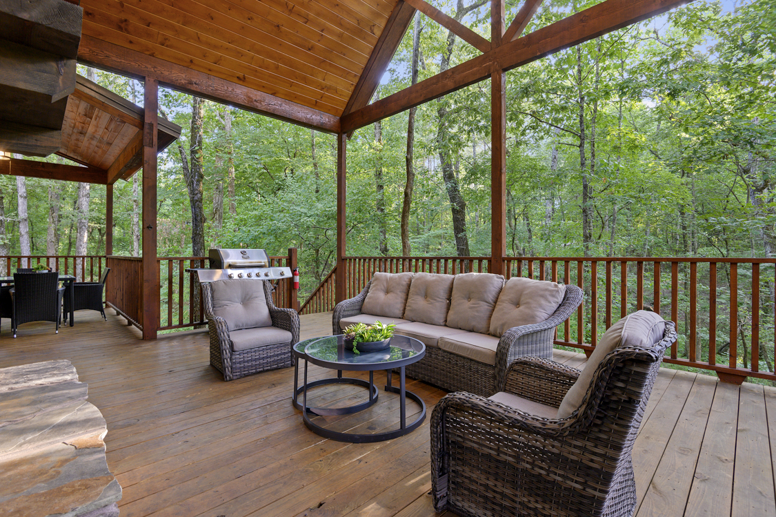 Comfort and privacy combined.  Enjoy plush seating, dining, and the hot tub.