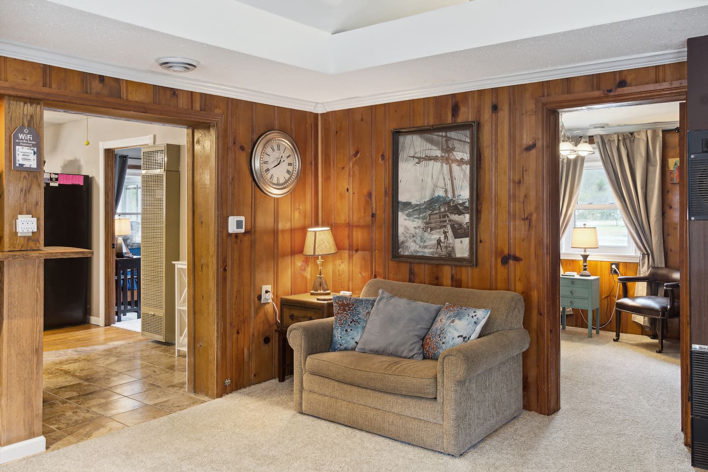 Twin-size hide-a-bed located within chair. Complete with clean linen.