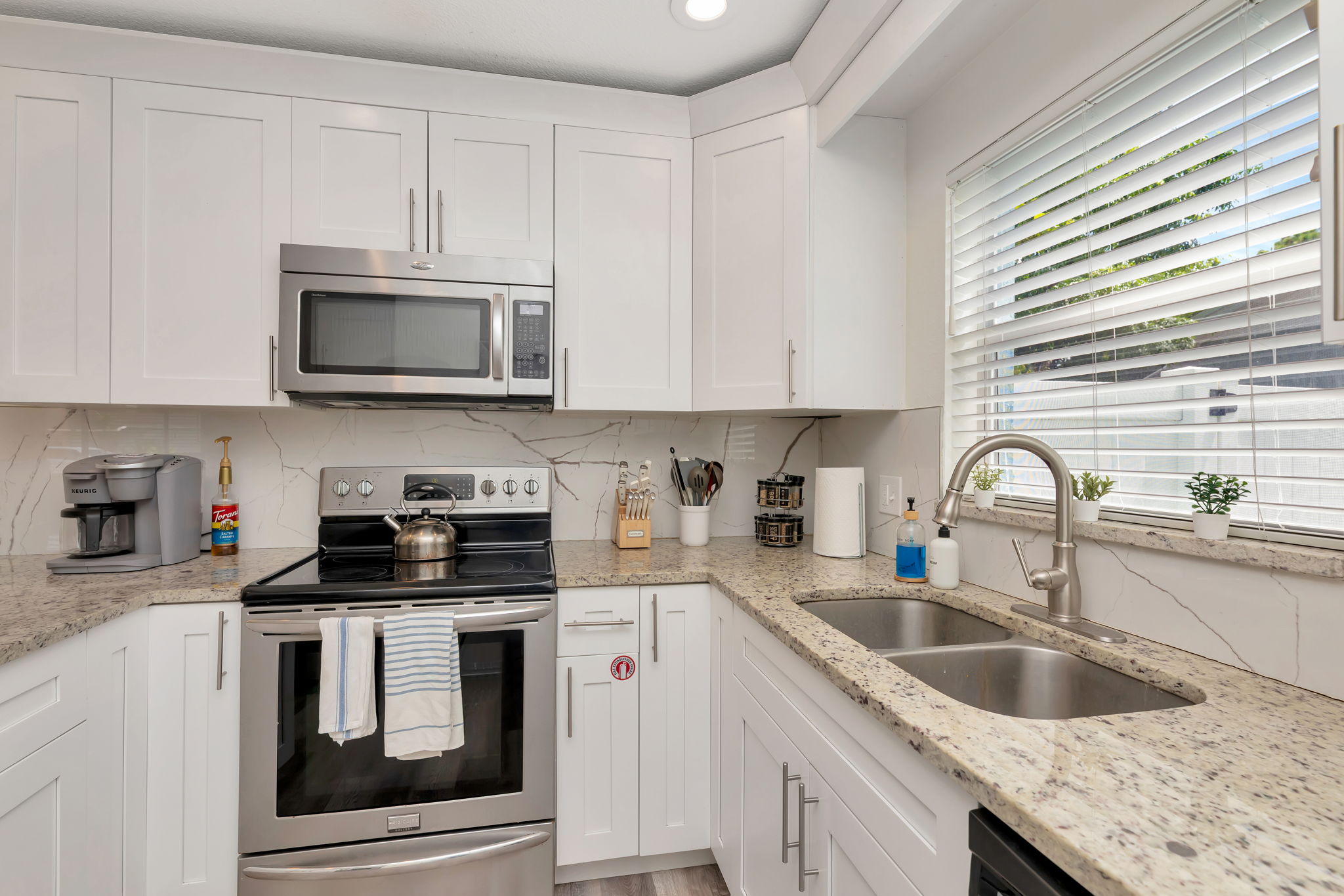 the kitchen has everything you need for a home meal at your home away from home!