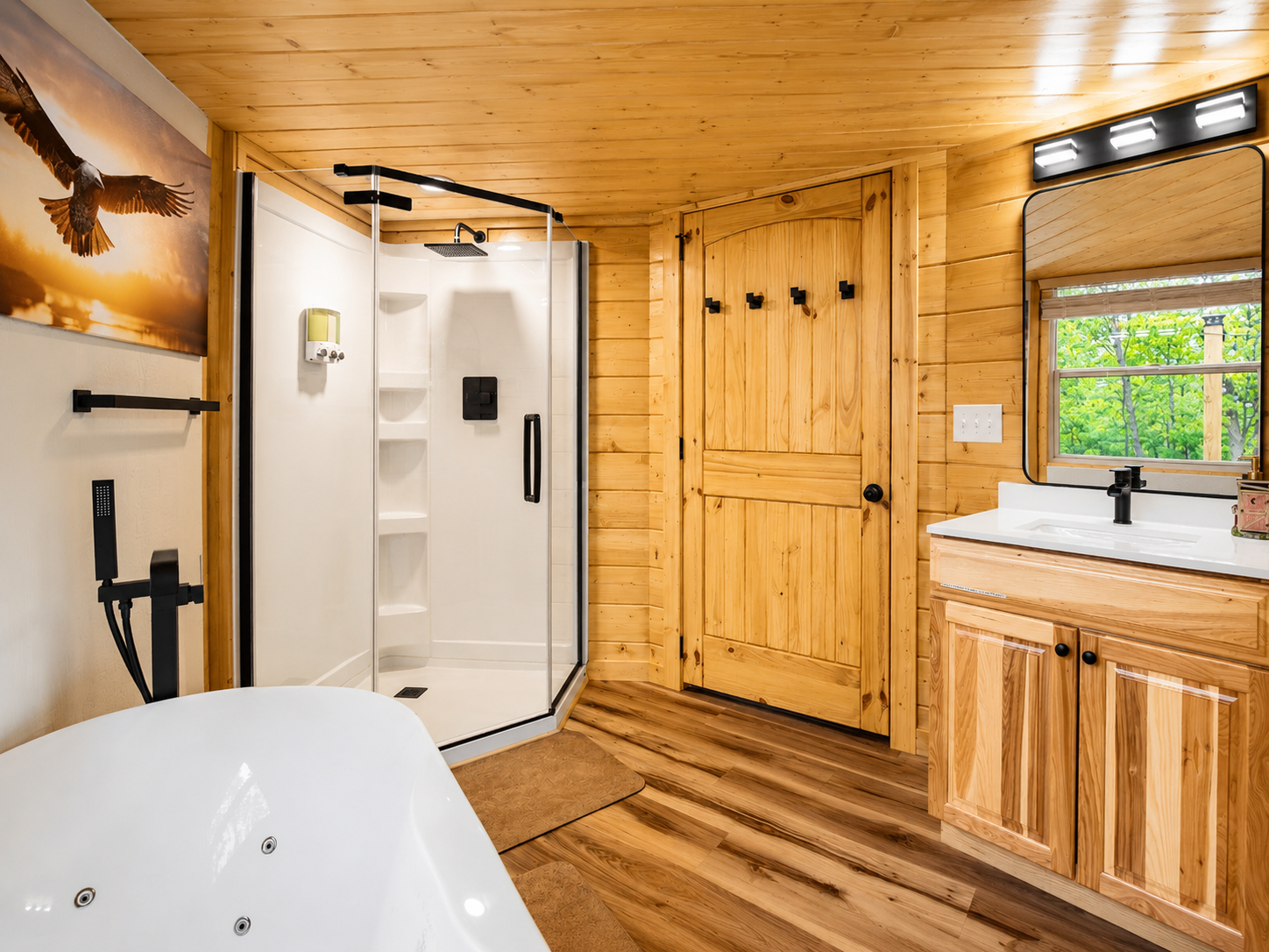 Bright, open interior filled with natural light and warm finishes throughout