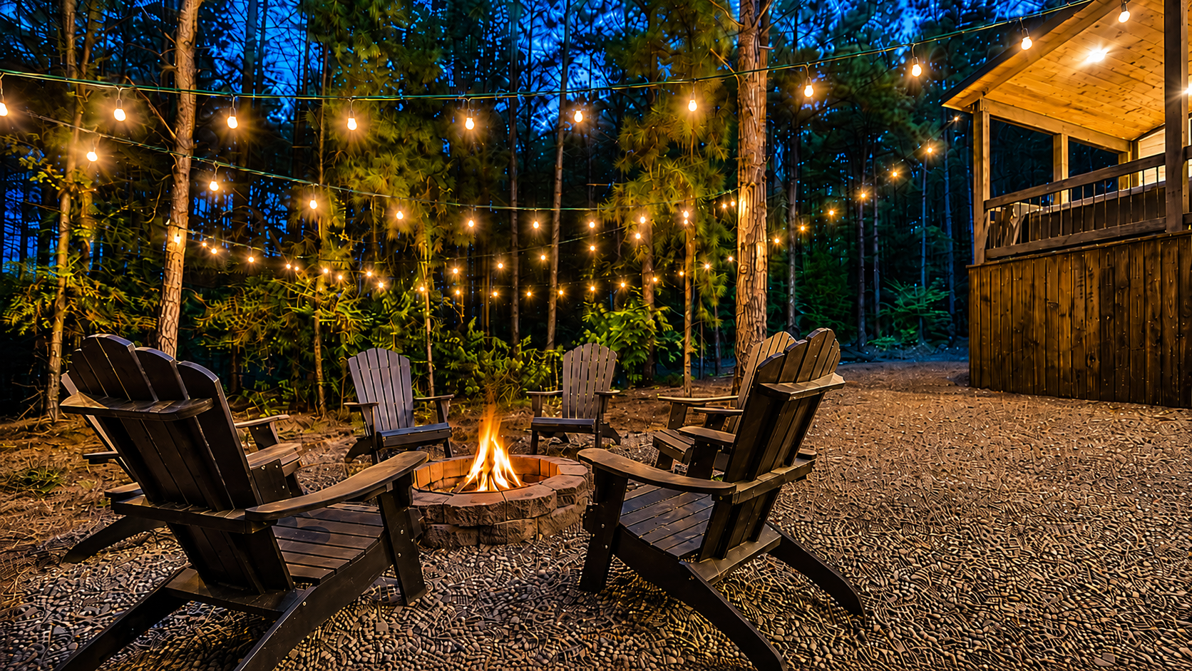 As the sun goes down, the forest gets quiet and the string lights begin to glow. Gather around the fire, settle into the Adirondacks, and enjoy peaceful nights that makes you forget about everything.