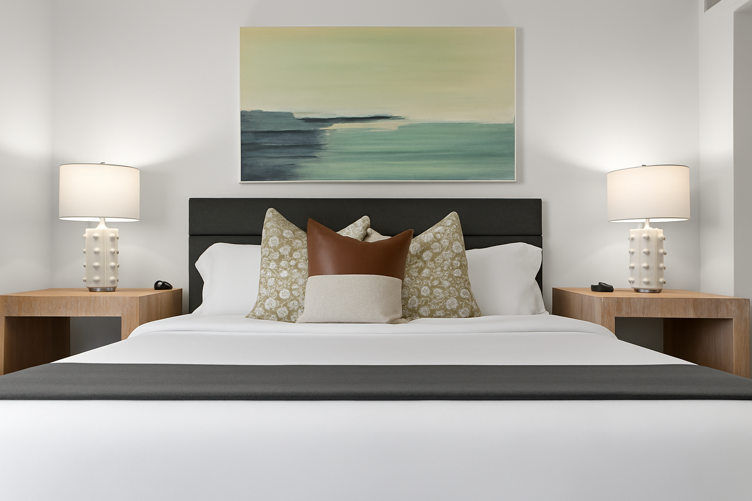 Elegant bedroom setup with dual nightstands, calming art, and a stylish wood-accented headboard.
