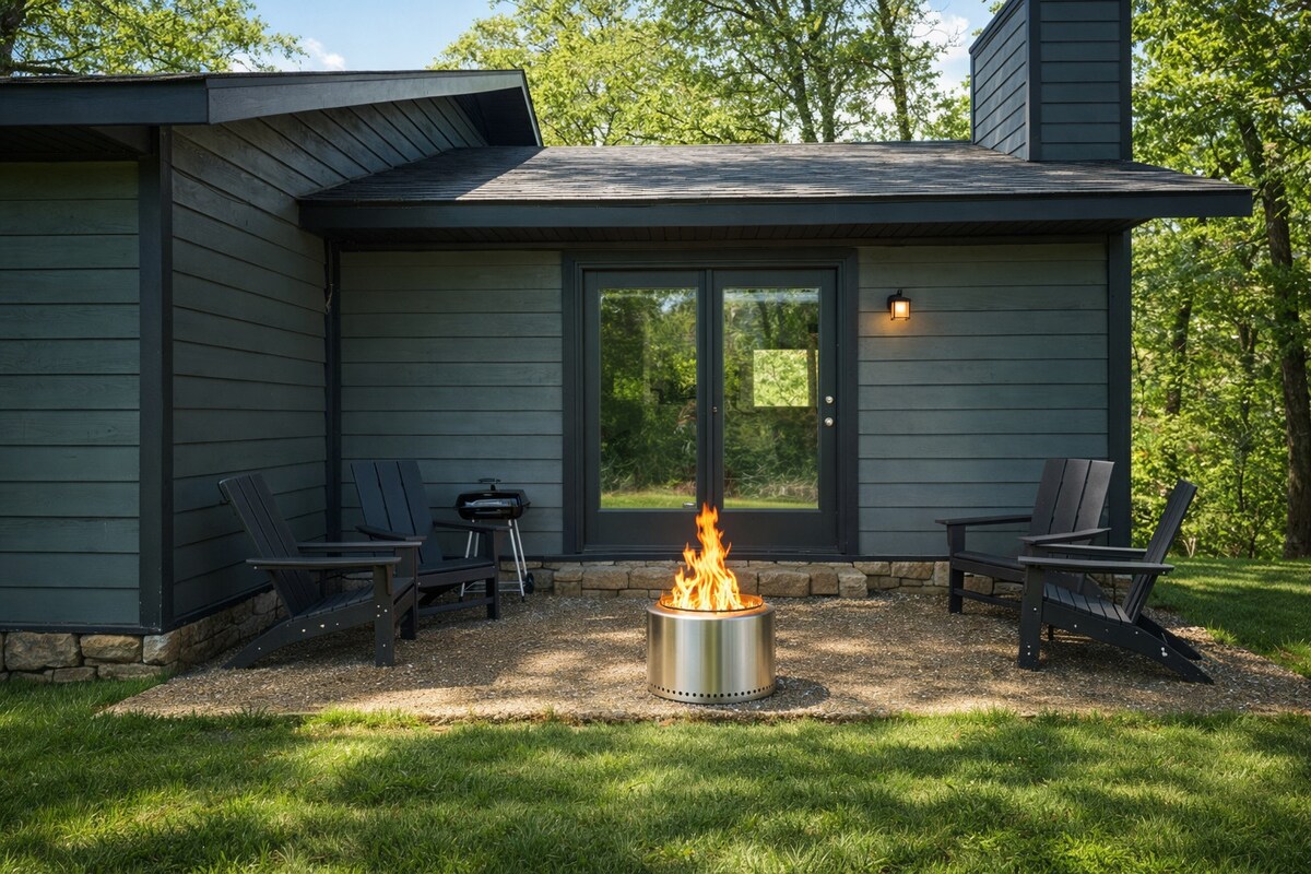 A glowing fire pit sets the scene for memorable evenings outdoors under the stars.
