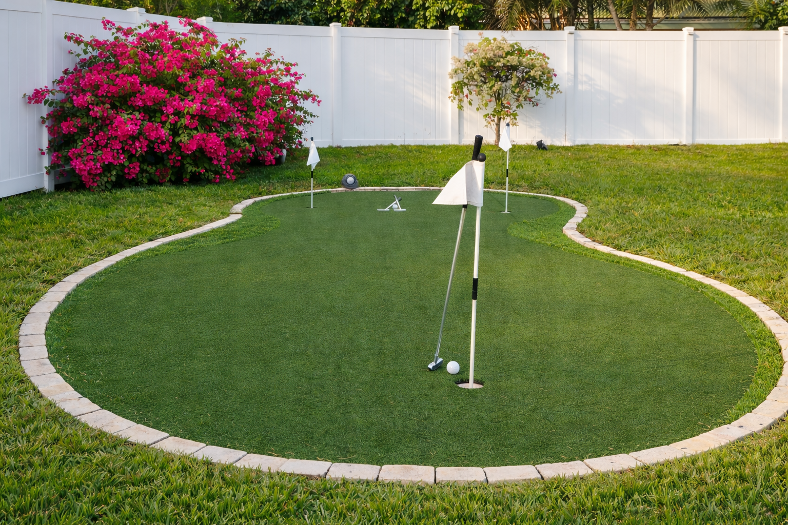 Mini golf putting green located in a fully fenced backyard, perfect for kids and family-friendly fun.