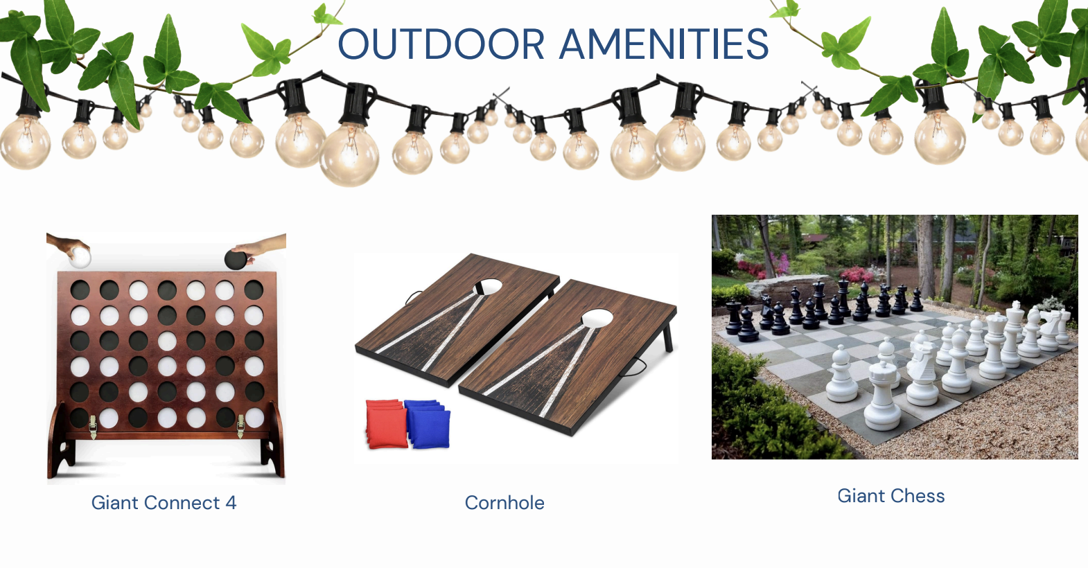 Elevate your outdoor stay with premium backyard games. Enjoy friendly competition with giant chess, professional cornhole boards, and oversized Connect 4. These top-tier outdoor amenities offer endless entertainment for families and groups.