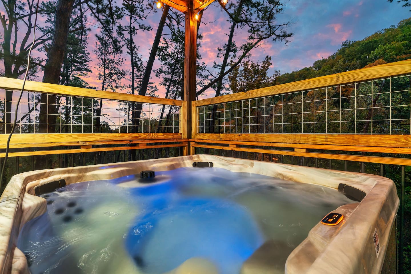 Private hot tub with mountain views — unwind under the Smoky Mountain sunset.