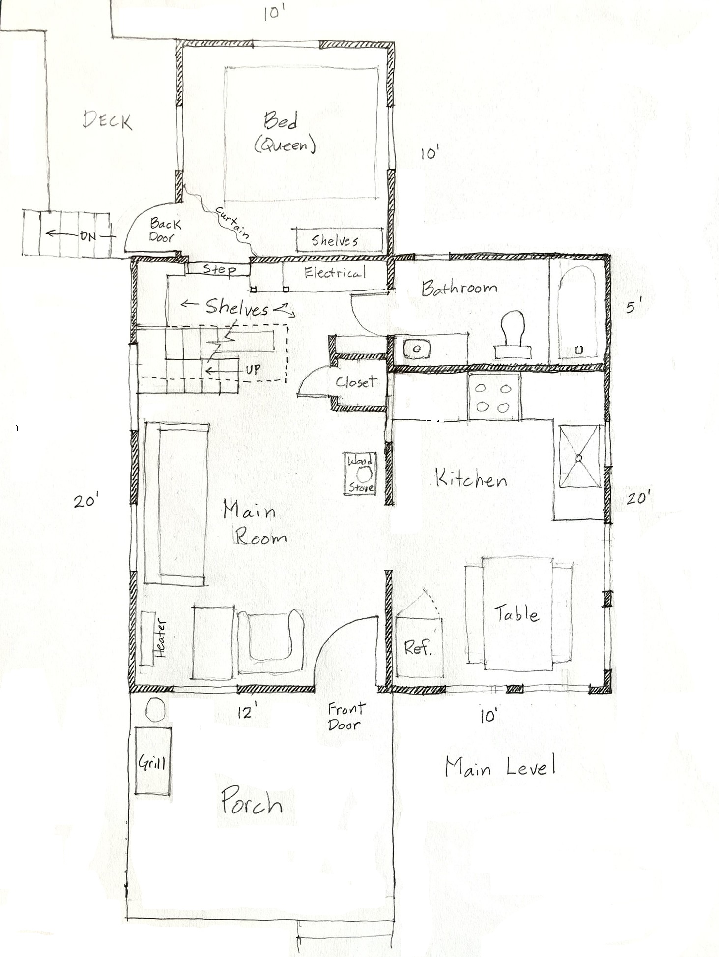Floor Plan - main level.
Note that the queen size bed can easily be configured as two twin size beds.