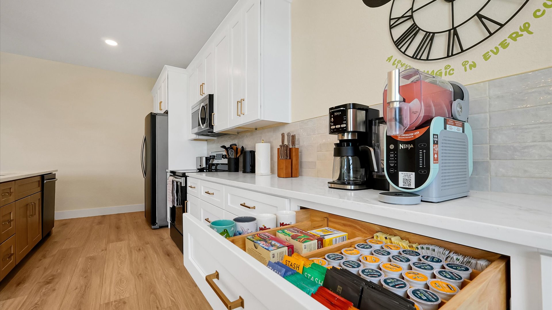 Coffee Bar: A little magic in every cup, with coffee, tea, mugs and specialty appliances ready for family mornings.