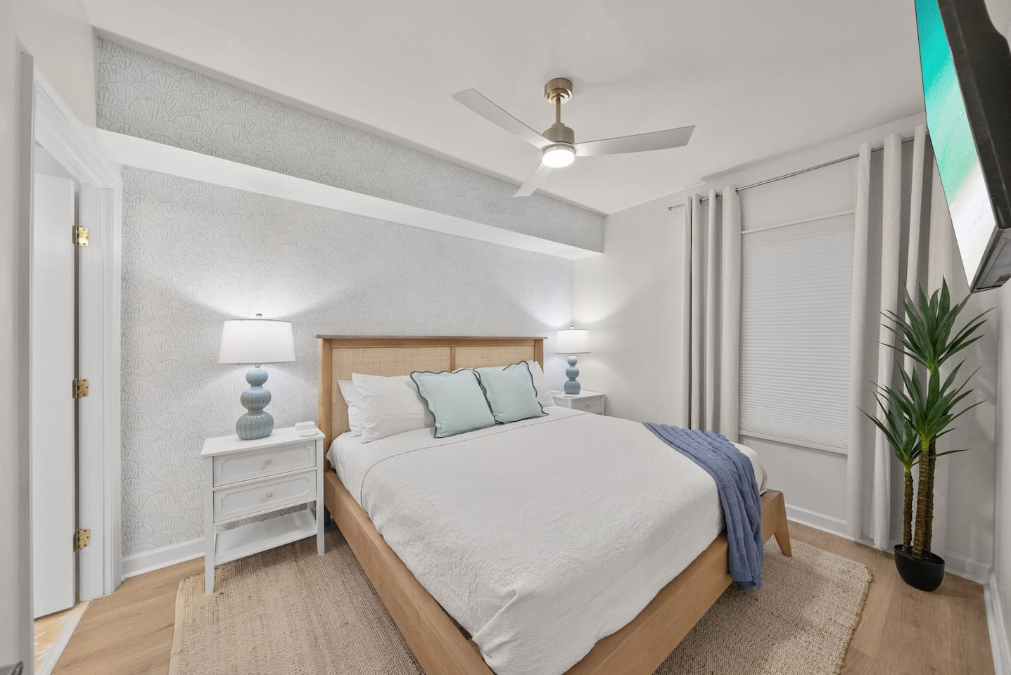Sleep like a baby in this King size bed with premium bedding, blackout curtains and sound machine.  55 inch Smart TV to stream your favorite shows.