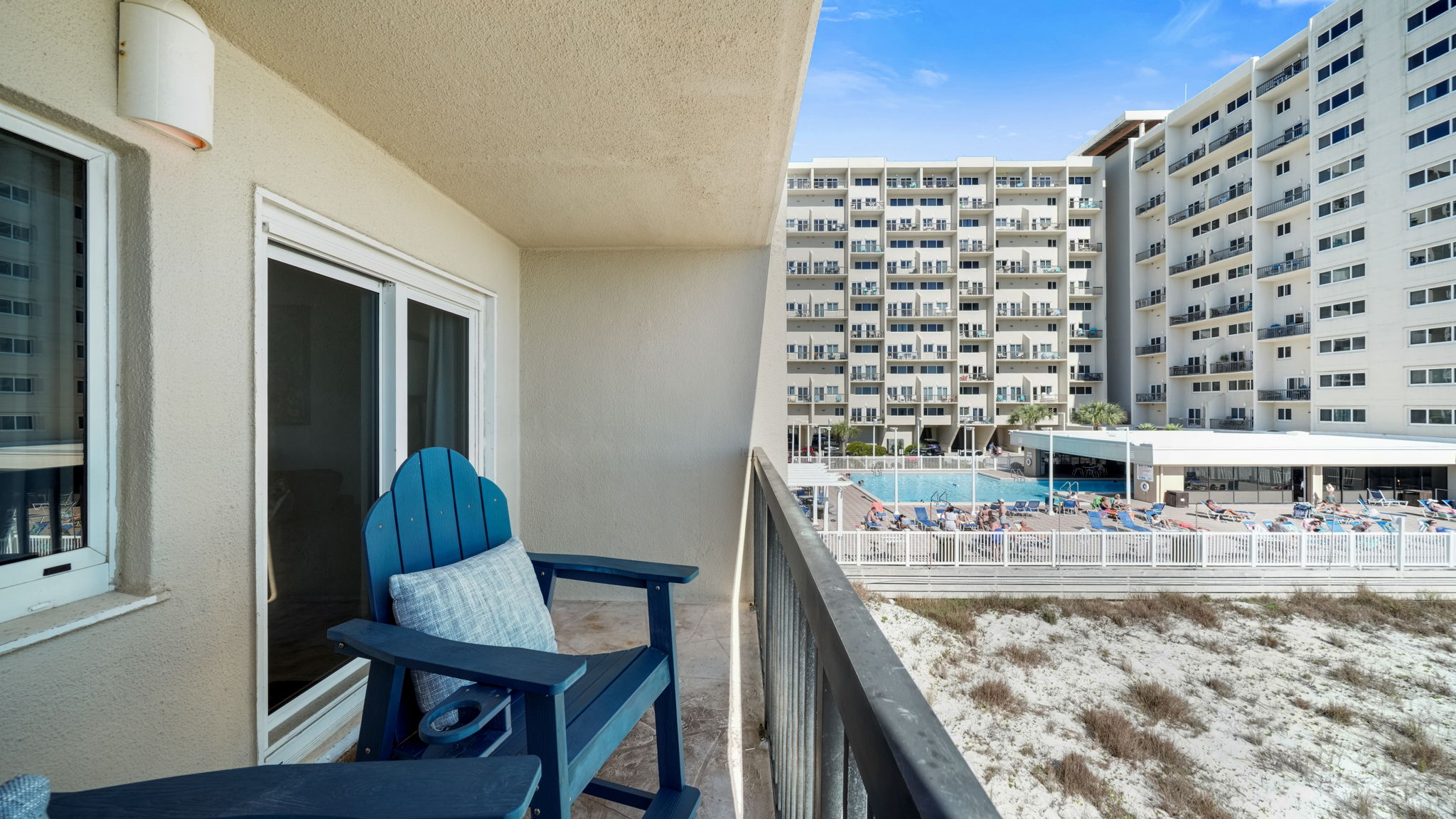 From the balcony, you have beach view and pool view of the indoor/outdoor pool