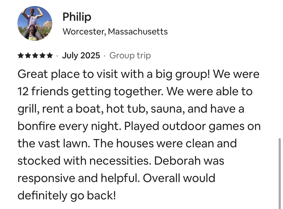 Philip rented both of our Treehouses.  Our Treehouse in the Bay (not this one) features a sauna.  When you book both, you can accommodate up to 16 people! Please inquire if you'd like to host a larger group!