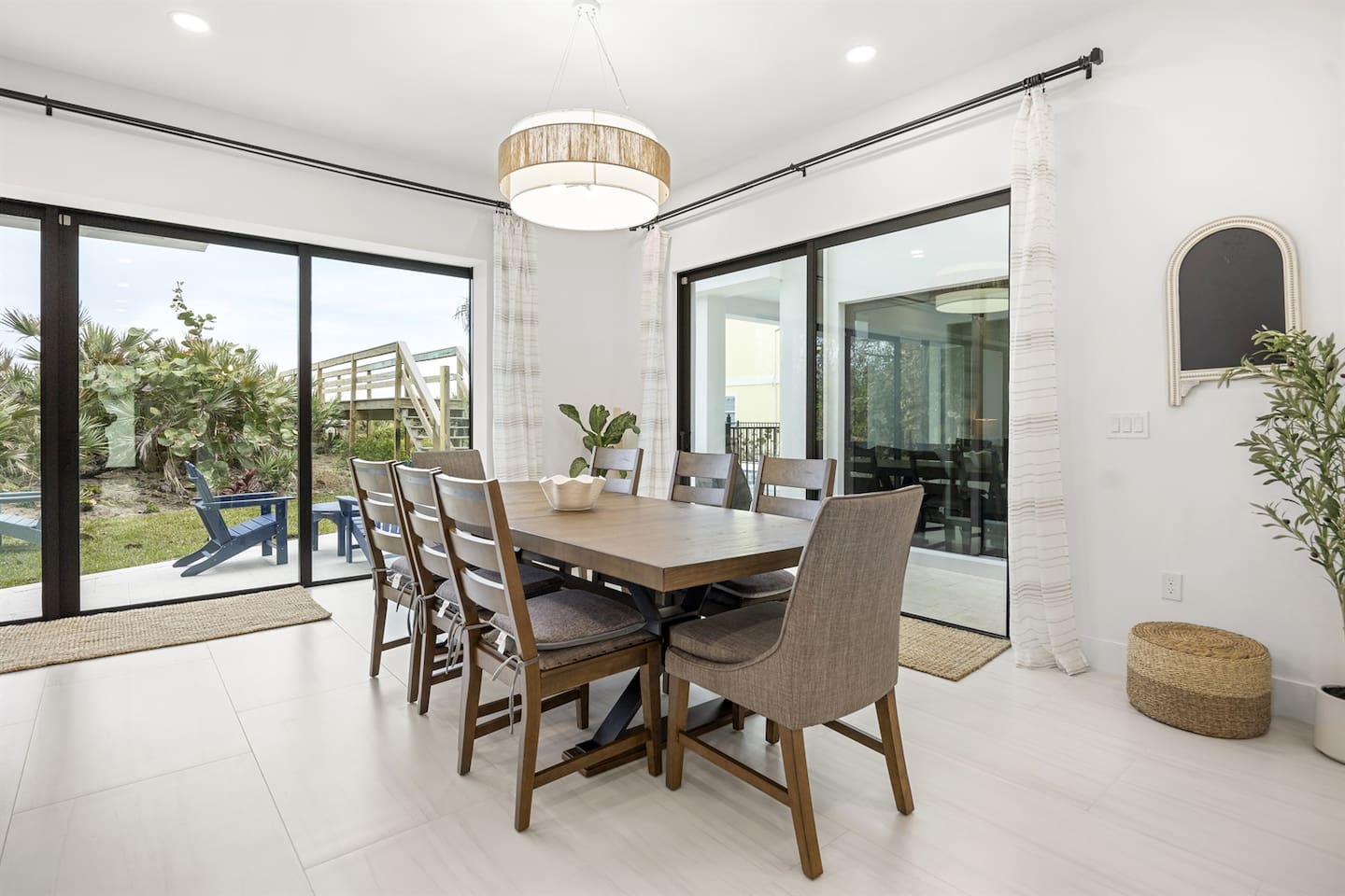 Our large dining table comfortably seats 8, ideal for family meals or group gatherings.