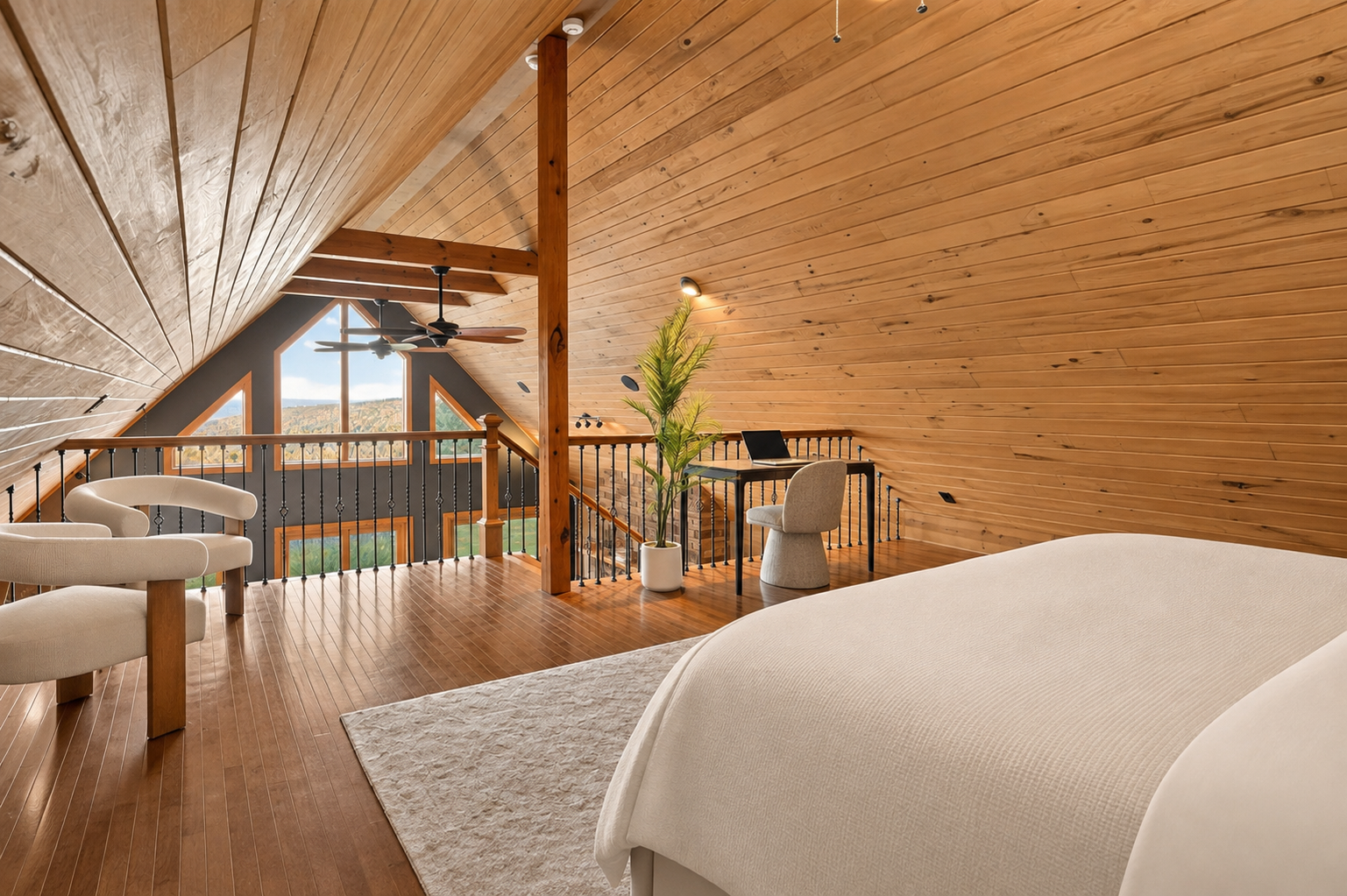 Loft bedroom overlooking the main living area