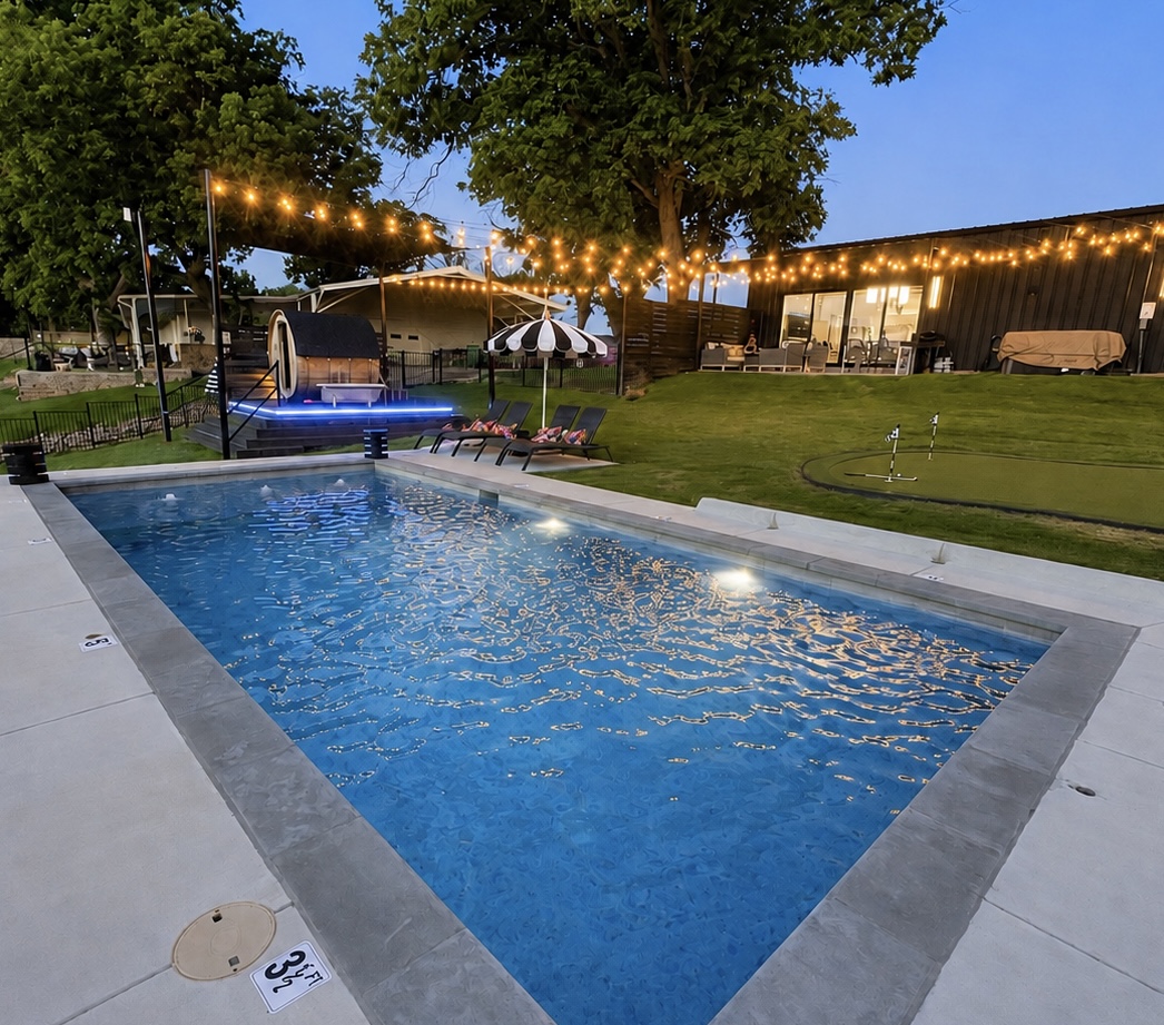 Lake Granbury after dark... pool, sauna, hot tub, putt-putt & string lights.