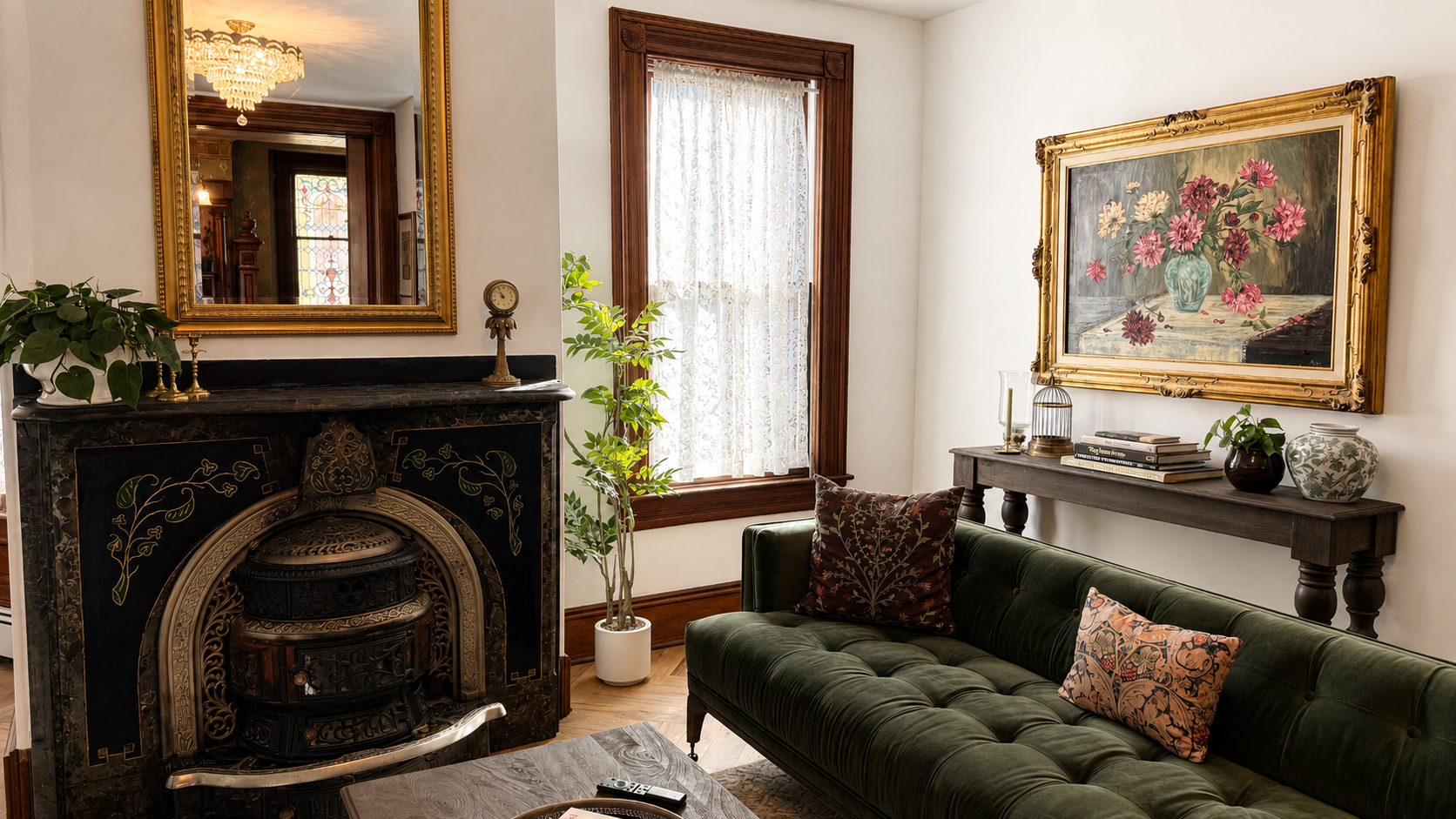 The main living room — an original cast iron fireplace with gold inlay, green velvet sofa, and a gilded mirror that catches the original stained glass window perfectly. Some combinations just work.