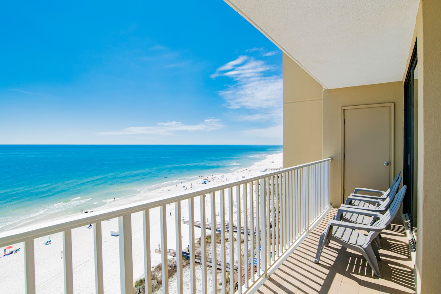Additional balcony seating with awesome views of the beach and water! Comfie adirondack chairs ensure ultimate relaxation even outside.Outside closet has all your beach supplies in it, too!