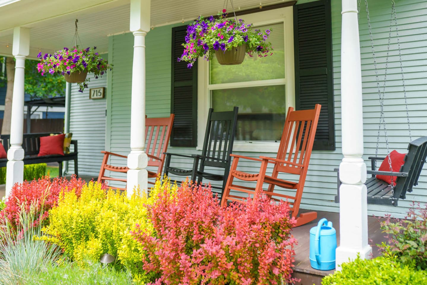 Unwind on the front porch with cozy rocking chairs and a porch swing sip, swing, and enjoy.
