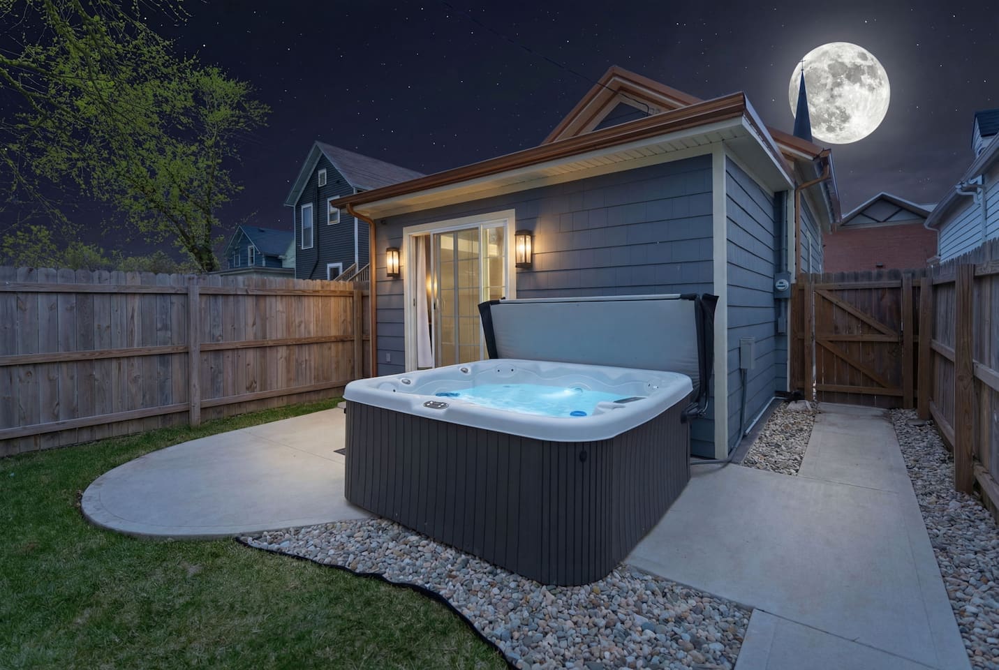 Relax in the private hot tub under the stars for a serene evening experience
Close-up view of the bubbling hot tub, perfect for unwinding after a long da