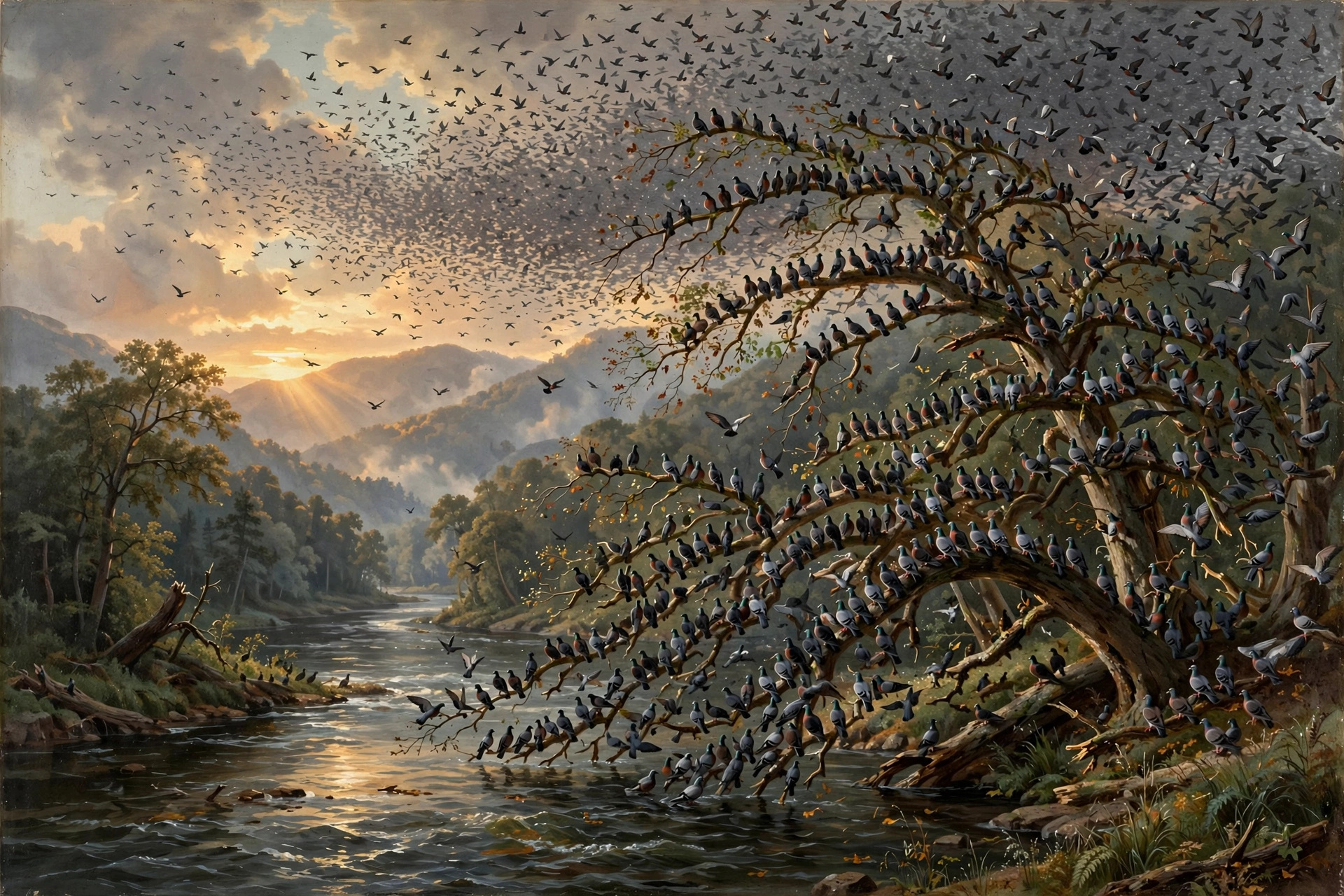 Illustration of a vast flock of passenger pigeons over the Little Pigeon River