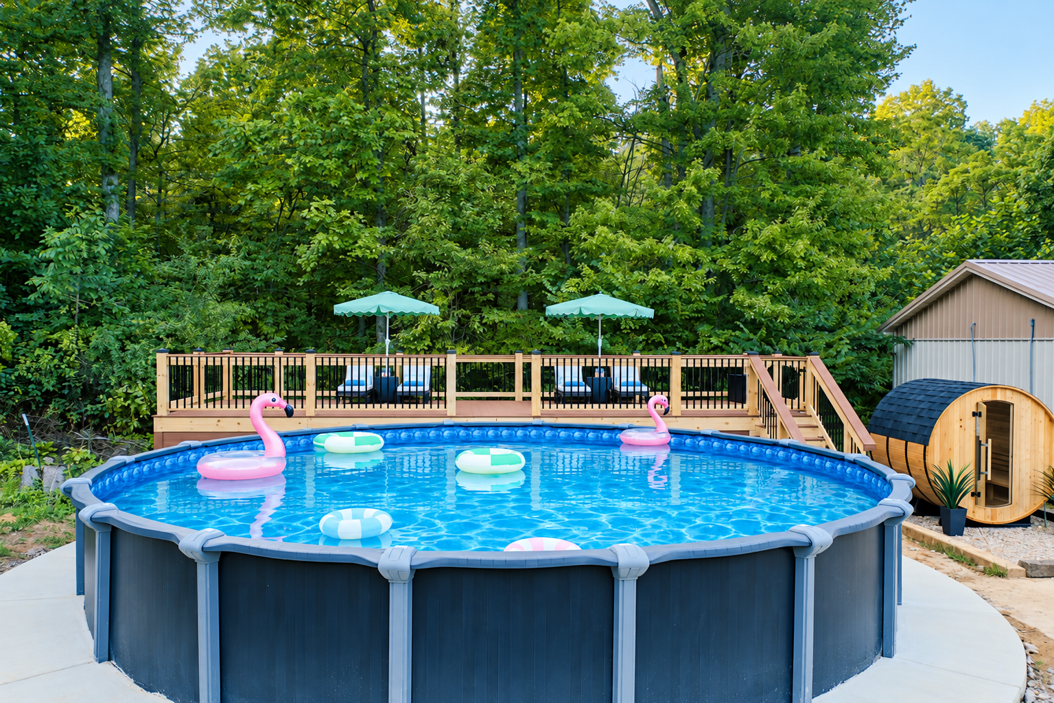 Your private poolside retreat - complete with sauna, lounge space, and wooded views.