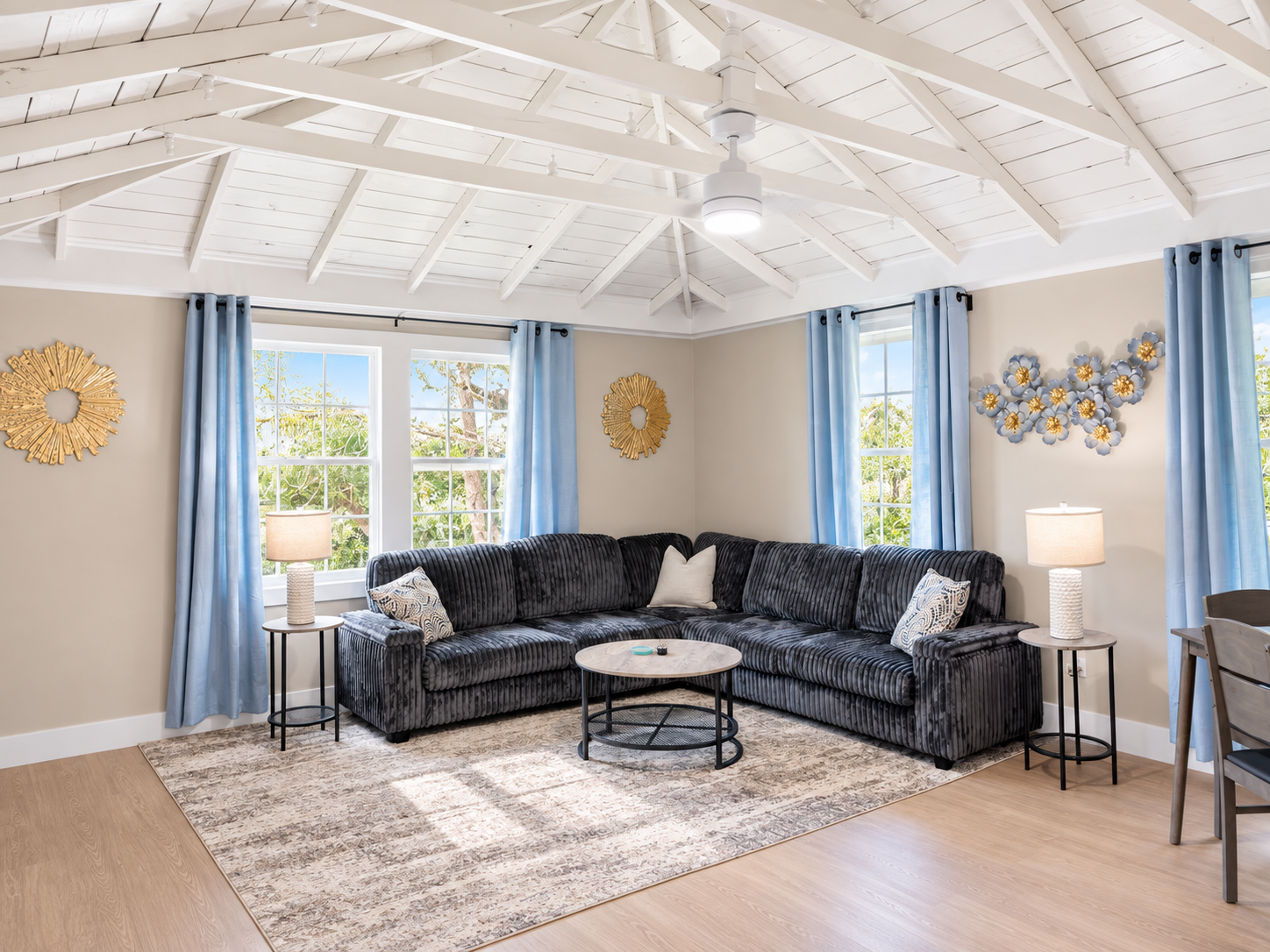 Bright, airy lounge with vaulted ceilings and plush seating to unwind.