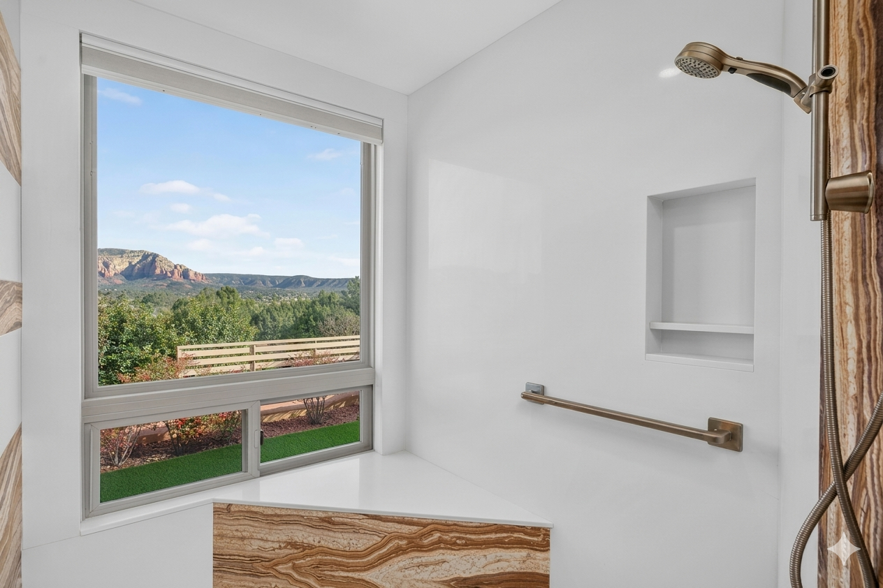 Shower with a view. Our primary walk-in shower features stunning custom stone details and a massive picture window perfectly framing the iconic Sedona red rocks