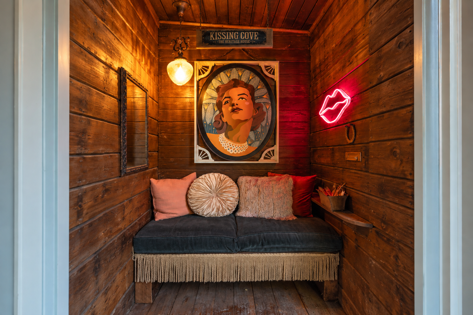 Every old house deserves a little scandal. Slip into Kissing Cove, a wood-paneled hideaway glowing with custom art by a local Los Alamos artist. Sit close, admire the details—and remember, what happens in the Cove stays in the Cove.