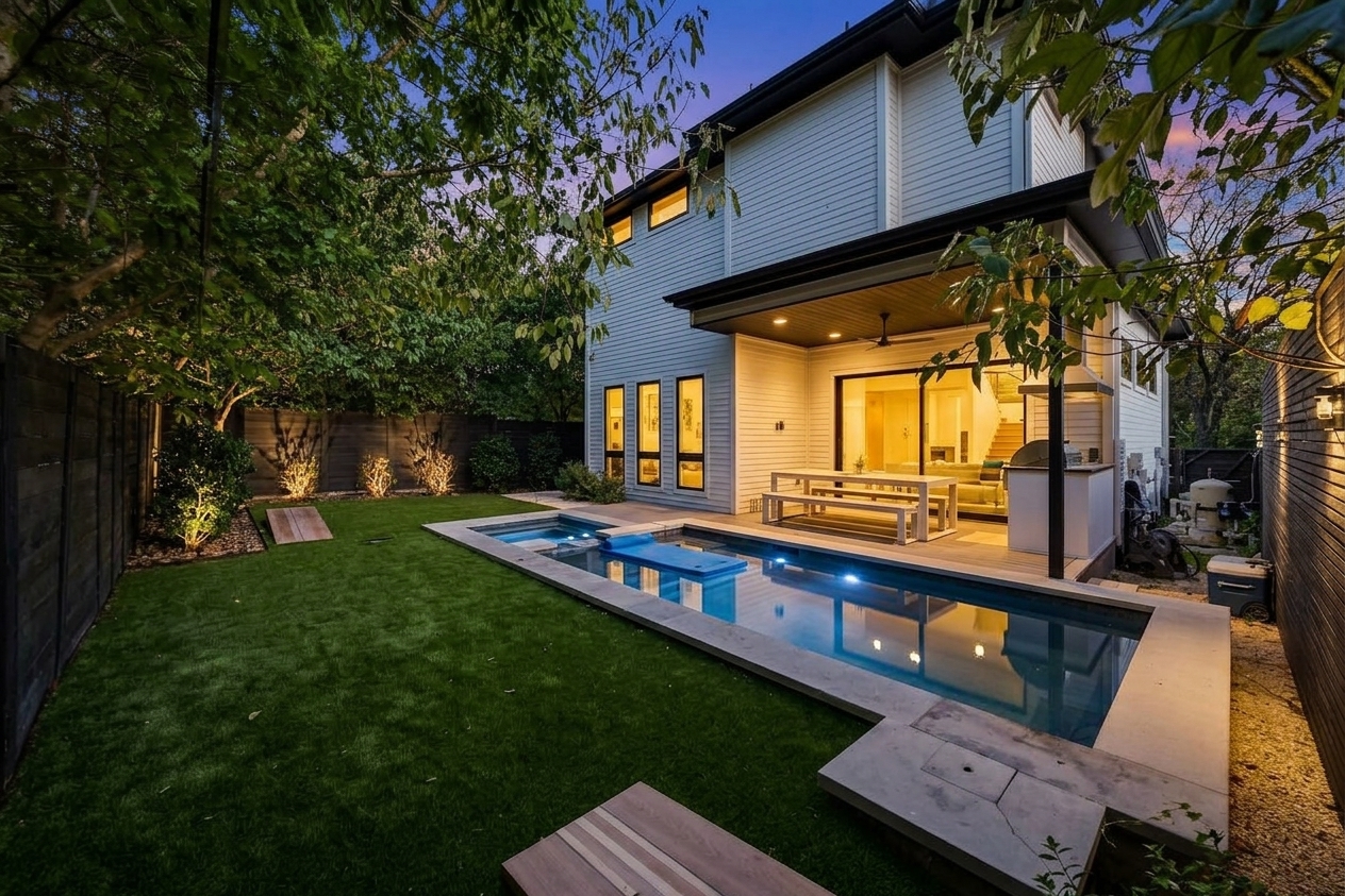 String lights and pool views come alive at dusk in this backyard