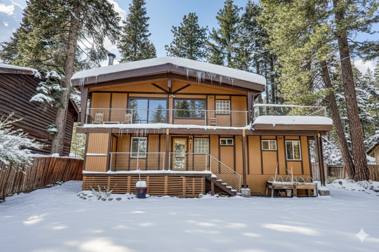 Spacious mountain cabin in a snowy pine forest with private balconies and forest views